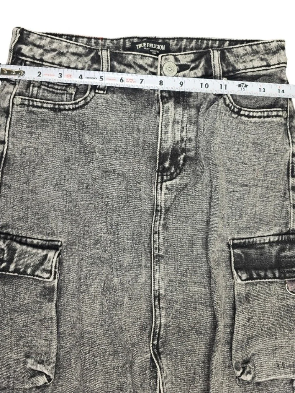 True Religion Vintage Charcoal Wash Cargo Denim Midi Slit Skirt Size 24
